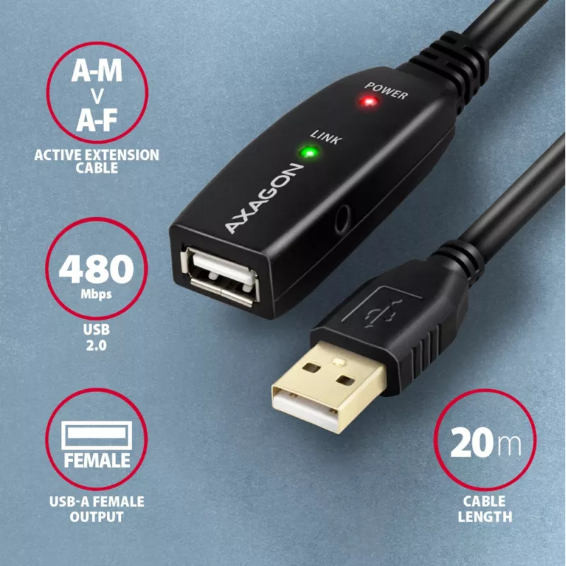 Axagon ADR-220 USB 2.0 A-M -> A-F aktiivinen jatko-/toistinkaapeli 20 m
