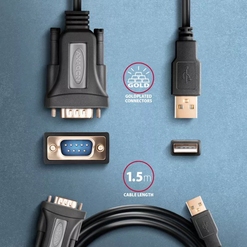 Axagon ADS-1PQN USB-A 2.0 - sarja RS-232 DB9-M FTDI-sovitinkaapeli