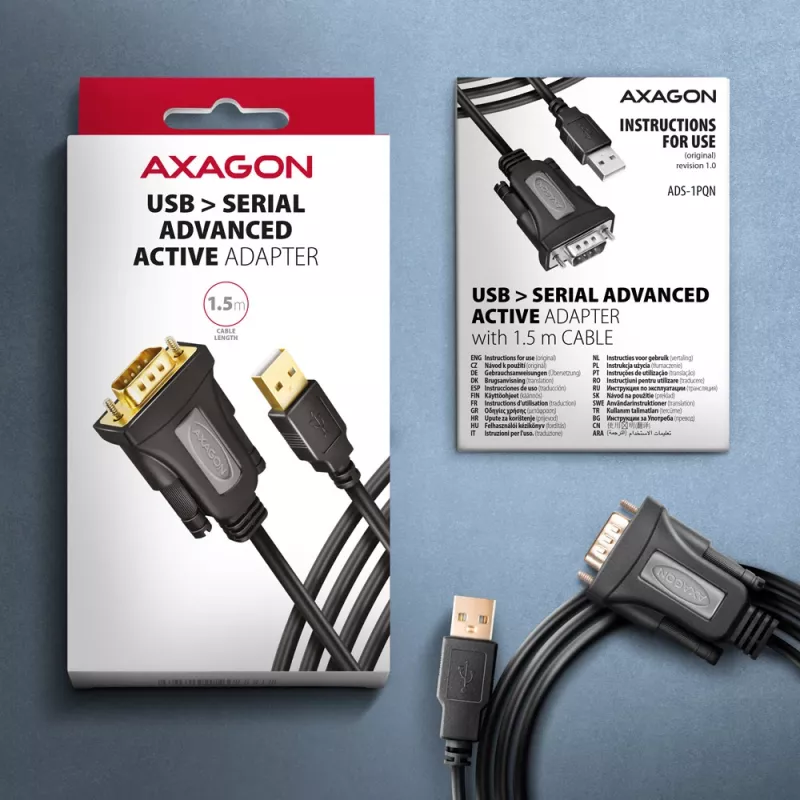 Axagon ADS-1PQN USB-A 2.0 - sarja RS-232 DB9-M FTDI-sovitinkaapeli
