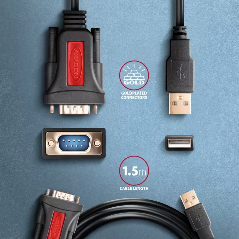 Axagon ADS-1PSN USB-A 2.0 - sarja RS-232 DB9-M Prolific-sovitinkaapeli 1,5 m