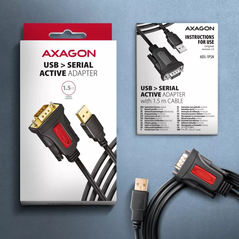 Axagon ADS-1PSN USB-A 2.0 - sarja RS-232 DB9-M Prolific-sovitinkaapeli 1,5 m