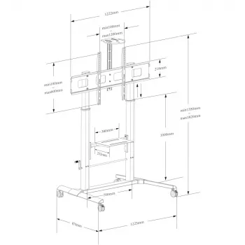 Multimediavaunu TECHLY ICA-TR230 musta taulunäytölle jopa 110 tuumaa, VESA 900x600, korkeus 1850 mm, kantavuus 120 kg