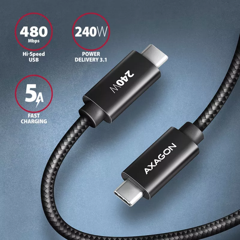 Axagon BUCM2-CM15AB data- ja lataus-USB-kaapeli 480 Mbit/s 1,5 m, PD 240 W, 5 A, musta punottu