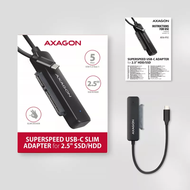 Axagon ADSA-FP2C USB-C 5Gbps - SATA 6G, 2.5 SSD/HDD SLIM sovitin - sovitin - digitaaliset/dataliitäntäkortit/sovittimet
