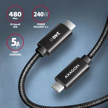 Axagon BUCM2-CM10AB data- ja latauskaapeli USB 480Mbps 1 m, PD 240W, 5A, musta punottu