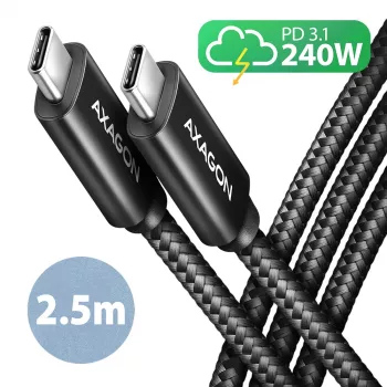 Axagon BUCM2-CM25AB data- ja latauskaapeli USB 480Mbps 2,5 m. PD 240W, 5A. musta punottu