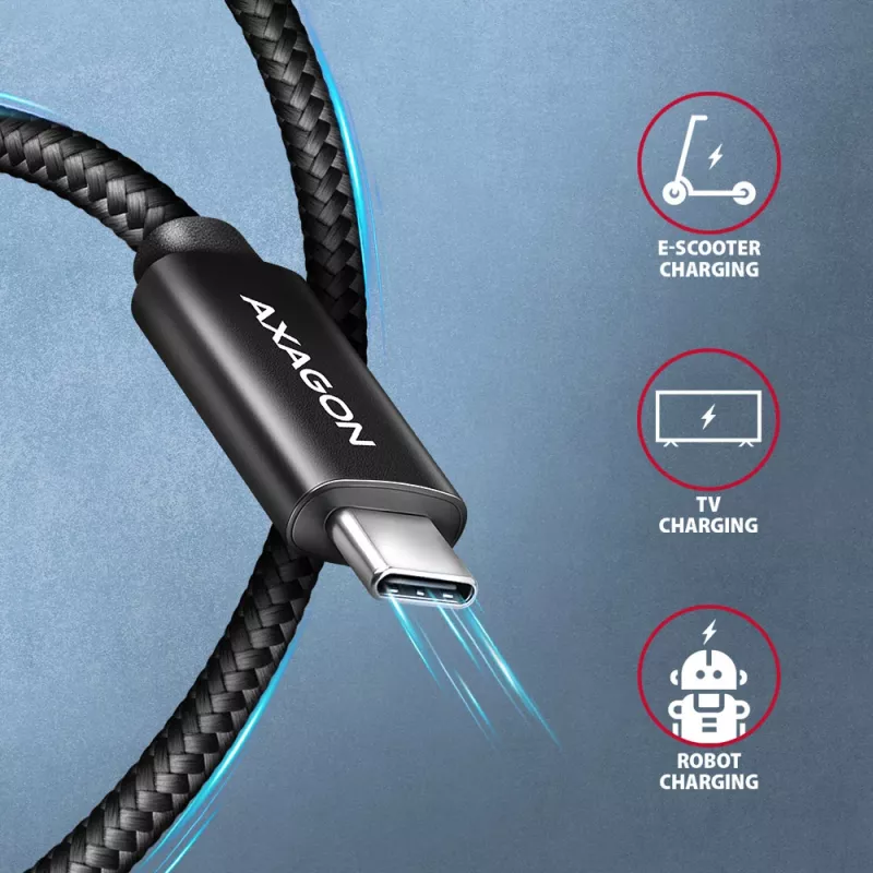 Axagon BUCM2-CM25AB data- ja latauskaapeli USB 480Mbps 2,5 m. PD 240W, 5A. musta punottu