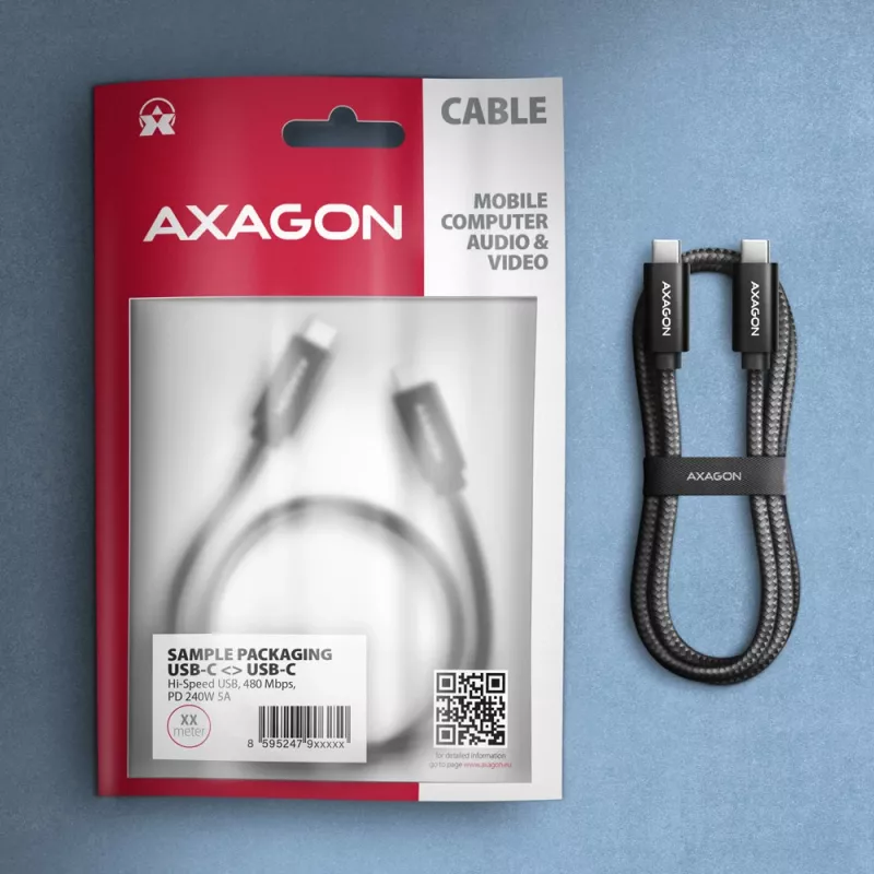 Axagon BUCM2-CM30AB data- ja latauskaapeli USB 480Mbps 3 m. PD 240W, 5A. musta punottu
