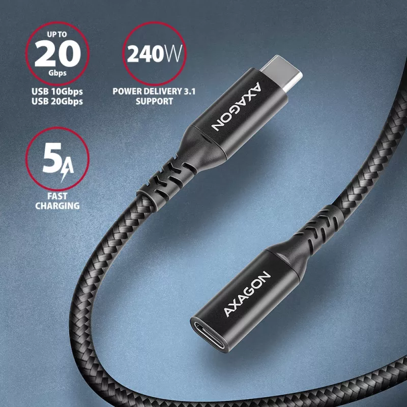 Axagon BUCM32-CF05AB SPEED+ USB-C USB 20Gbps jatkokaapeli 0,5 m