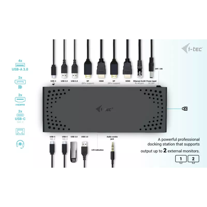 i-tec USB 3.0 / USB-C / Thunderbolt 3 Dual Display -telakointiasema Gen2 + Power Delivery 100W