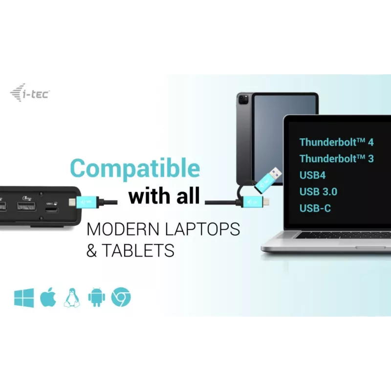 i-tec USB 3.0 / USB-C / Thunderbolt 3 Dual Display -telakointiasema Gen2 + Power Delivery 100W