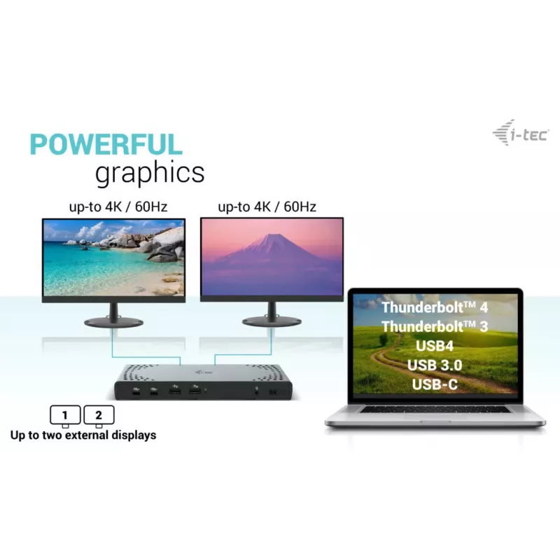 i-tec USB 3.0 / USB-C / Thunderbolt 3 Dual Display -telakointiasema Gen2 + Power Delivery 100W
