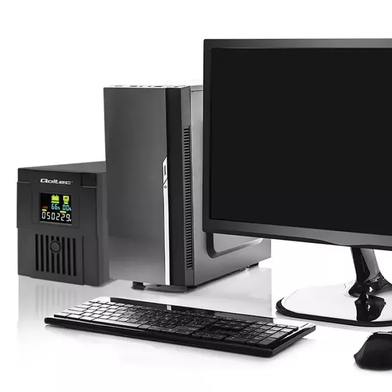 Keskeytymätön virransyöttö QOLTEC 53770, Line-Interactive UPS 1,5 kVA (900 W), 2 C13-lähtöä, AVR, LCD, USB Type-B