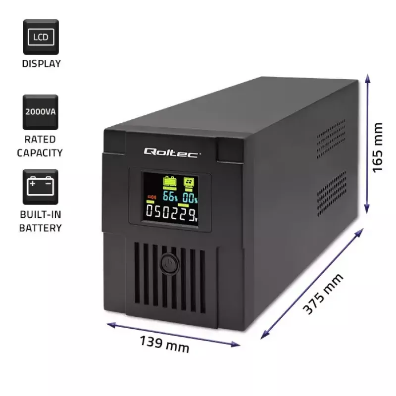 Keskeytymätön virransyöttö Qoltec 53771 2 kVA 1200 W 2 AC-lähtöä
