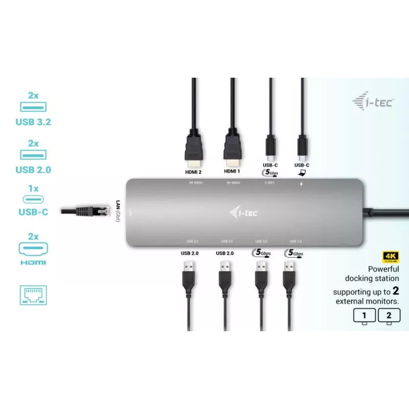 i-tec USB-C Metal Nano 2x Display -telakointiasema + Power Delivery 100 W