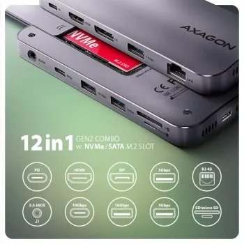 Axagon HMC-12GM2, USB 10Gbps keskitin, 3x USB-A, USB-C, HDMI, DP, RJ-45, M.2, SD/mSD, ääni, PD