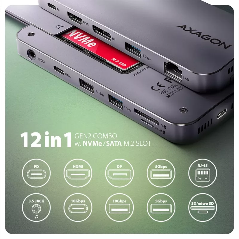 Axagon HMC-12GM2, USB 10Gbps keskitin, 3x USB-A, USB-C, HDMI, DP, RJ-45, M.2, SD/mSD, ääni, PD