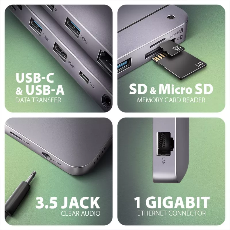 Axagon HMC-12GM2, USB 10Gbps keskitin, 3x USB-A, USB-C, HDMI, DP, RJ-45, M.2, SD/mSD, ääni, PD