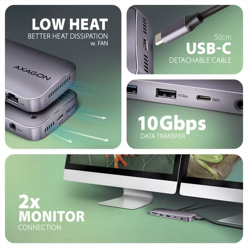 Axagon HMC-12GM2, USB 10Gbps keskitin, 3x USB-A, USB-C, HDMI, DP, RJ-45, M.2, SD/mSD, ääni, PD