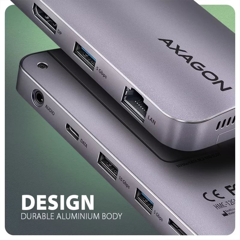 Axagon HMC-12GM2, USB 10Gbps keskitin, 3x USB-A, USB-C, HDMI, DP, RJ-45, M.2, SD/mSD, ääni, PD