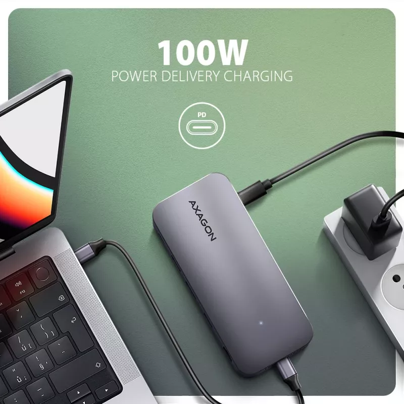 Axagon HMC-12GM2, USB 10Gbps keskitin, 3x USB-A, USB-C, HDMI, DP, RJ-45, M.2, SD/mSD, ääni, PD