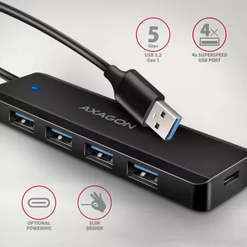 Axagon HUE-C1A 4x USB 5Gbps TRAVEL-keskitin, USB-C virtatulo, 19 cm USB-A-kaapeli