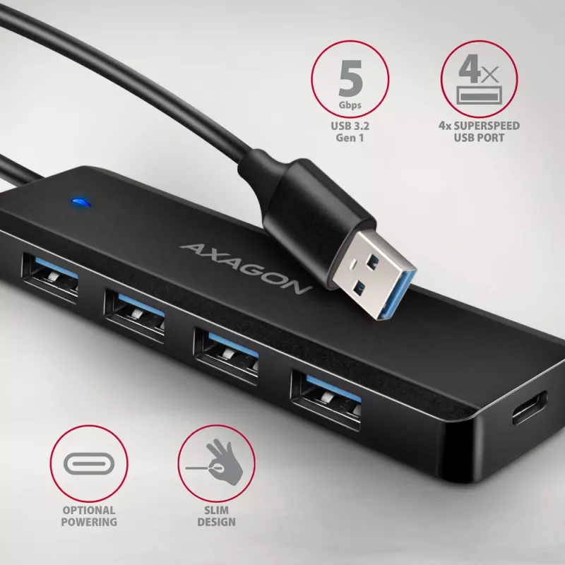 Axagon HUE-C1A 4x USB 5Gbps TRAVEL-keskitin, USB-C virtatulo, 19 cm USB-A-kaapeli