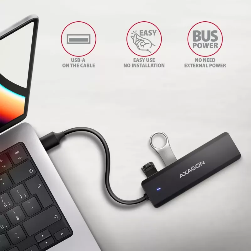 Axagon HUE-C1A 4x USB 5Gbps TRAVEL-keskitin, USB-C virtatulo, 19 cm USB-A-kaapeli