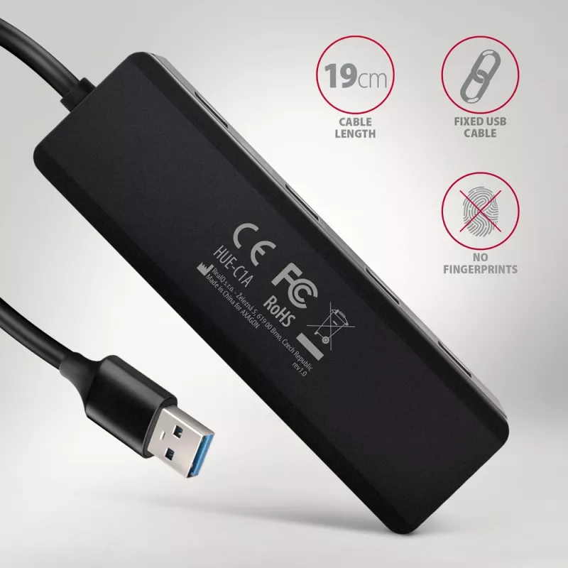 Axagon HUE-C1A 4x USB 5Gbps TRAVEL-keskitin, USB-C virtatulo, 19 cm USB-A-kaapeli