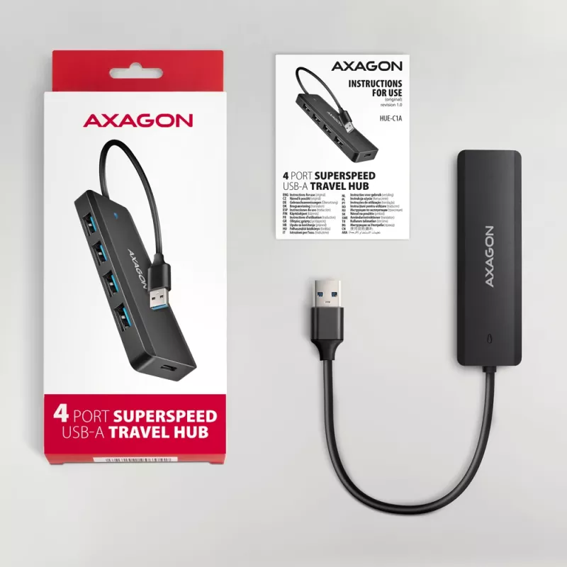 Axagon HUE-C1A 4x USB 5Gbps TRAVEL-keskitin, USB-C virtatulo, 19 cm USB-A-kaapeli