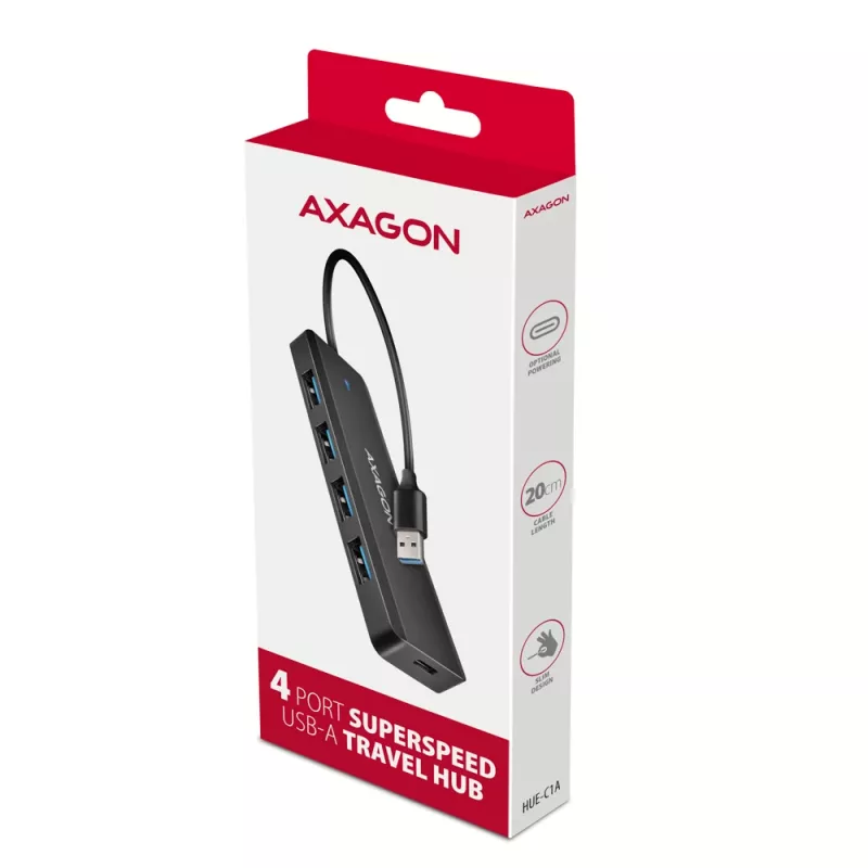 Axagon HUE-C1A 4x USB 5Gbps TRAVEL-keskitin, USB-C virtatulo, 19 cm USB-A-kaapeli