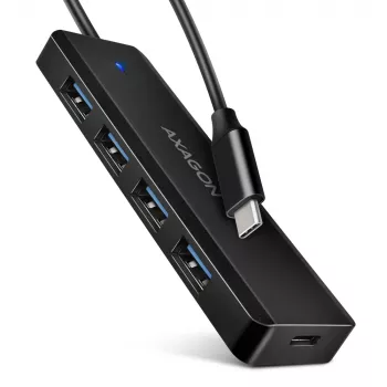 Axagon HUE-C1C 4x USB 5Gbps TRAVEL-keskitin, USB-C virtatulo, 19 cm USB-C-kaapeli