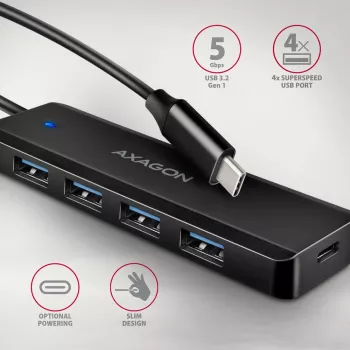 Axagon HUE-C1C 4x USB 5Gbps TRAVEL-keskitin, USB-C virtatulo, 19 cm USB-C-kaapeli
