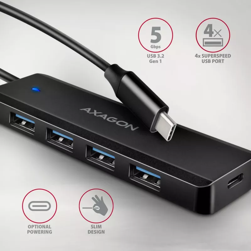 Axagon HUE-C1C 4x USB 5Gbps TRAVEL-keskitin, USB-C virtatulo, 19 cm USB-C-kaapeli