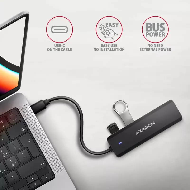 Axagon HUE-C1C 4x USB 5Gbps TRAVEL-keskitin, USB-C virtatulo, 19 cm USB-C-kaapeli