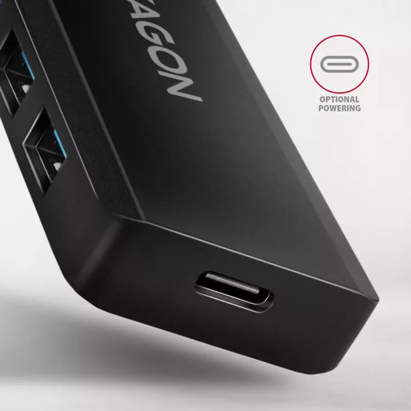 Axagon HUE-C1C 4x USB 5Gbps TRAVEL-keskitin, USB-C virtatulo, 19 cm USB-C-kaapeli