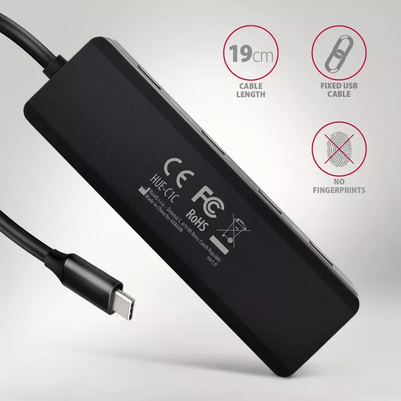 Axagon HUE-C1C 4x USB 5Gbps TRAVEL-keskitin, USB-C virtatulo, 19 cm USB-C-kaapeli