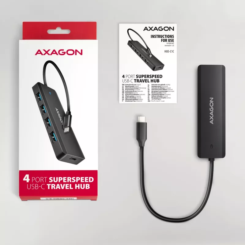 Axagon HUE-C1C 4x USB 5Gbps TRAVEL-keskitin, USB-C virtatulo, 19 cm USB-C-kaapeli