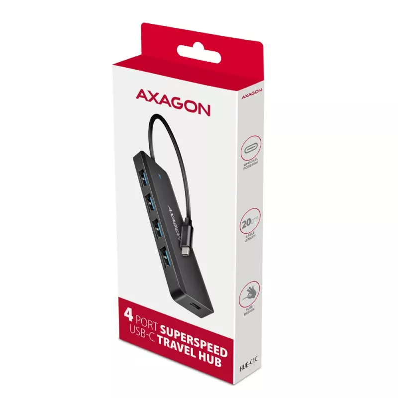 Axagon HUE-C1C 4x USB 5Gbps TRAVEL-keskitin, USB-C virtatulo, 19 cm USB-C-kaapeli