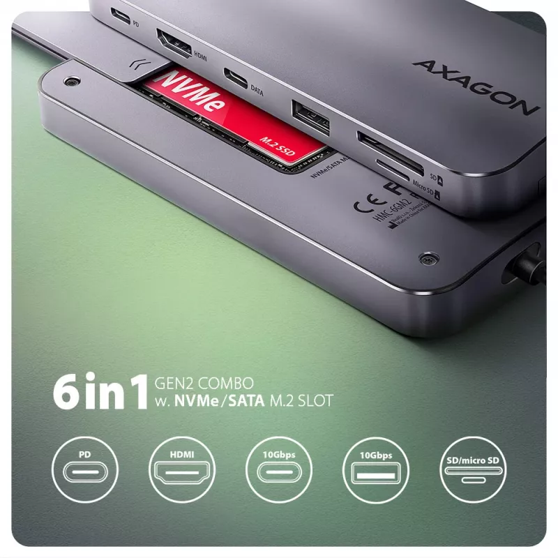 Axagon HMC-6GM2 USB 10Gbps keskitin USB-A USB-C HDMI M.2 SD/mSD PD 100W USB-C kaapelillinen USB 3.2 Gen 2 (3.1 Gen 2) Type-C harmaa