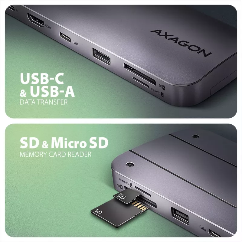 Axagon HMC-6GM2 USB 10Gbps keskitin USB-A USB-C HDMI M.2 SD/mSD PD 100W USB-C kaapelillinen USB 3.2 Gen 2 (3.1 Gen 2) Type-C harmaa