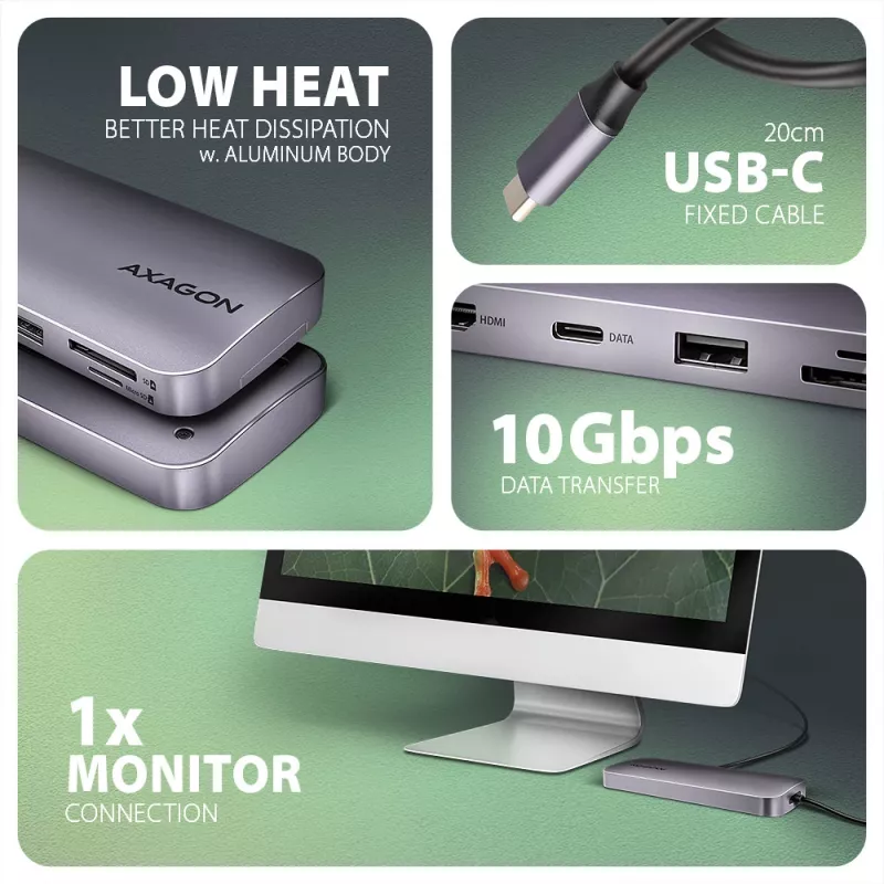 Axagon HMC-6GM2 USB 10Gbps keskitin USB-A USB-C HDMI M.2 SD/mSD PD 100W USB-C kaapelillinen USB 3.2 Gen 2 (3.1 Gen 2) Type-C harmaa