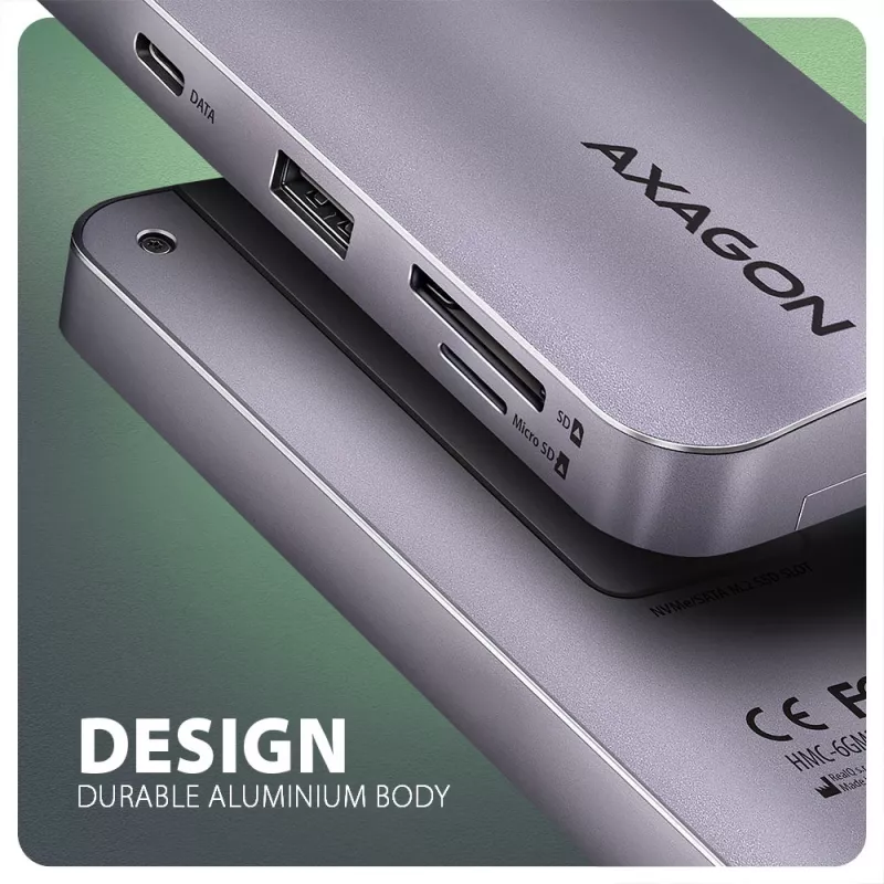 Axagon HMC-6GM2 USB 10Gbps keskitin USB-A USB-C HDMI M.2 SD/mSD PD 100W USB-C kaapelillinen USB 3.2 Gen 2 (3.1 Gen 2) Type-C harmaa