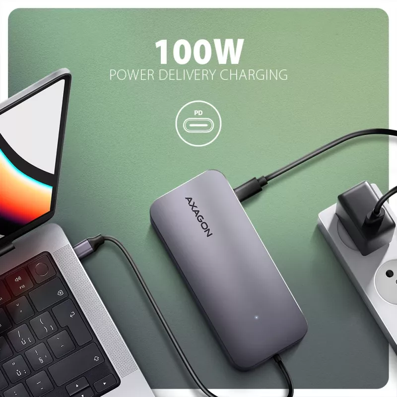 Axagon HMC-6GM2 USB 10Gbps keskitin USB-A USB-C HDMI M.2 SD/mSD PD 100W USB-C kaapelillinen USB 3.2 Gen 2 (3.1 Gen 2) Type-C harmaa
