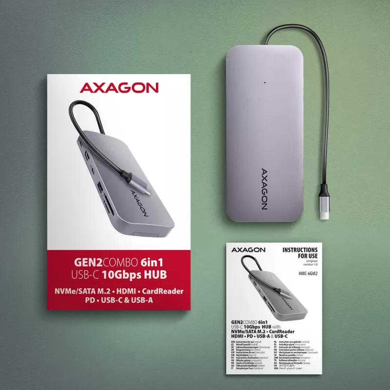 Axagon HMC-6GM2 USB 10Gbps keskitin USB-A USB-C HDMI M.2 SD/mSD PD 100W USB-C kaapelillinen USB 3.2 Gen 2 (3.1 Gen 2) Type-C harmaa