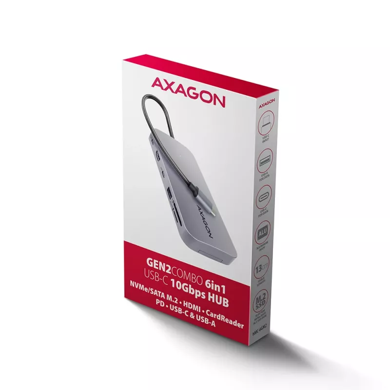 Axagon HMC-6GM2 USB 10Gbps keskitin USB-A USB-C HDMI M.2 SD/mSD PD 100W USB-C kaapelillinen USB 3.2 Gen 2 (3.1 Gen 2) Type-C harmaa