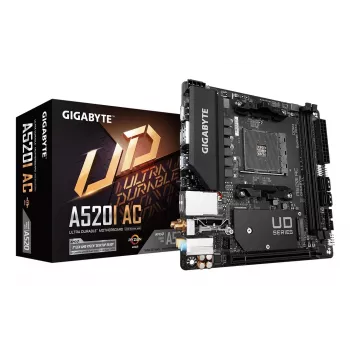 GIGABYTE A520I AC emolevy - tukee AMD Ryzen 5000 Series AM4 CPU:ita, 6 vaihe digitaalinen VRM, jopa 5300MHz DDR4 (OC), 1xPCIe 3.0 M.2, WLAN, GbE LAN, USB 3.2 Gen1