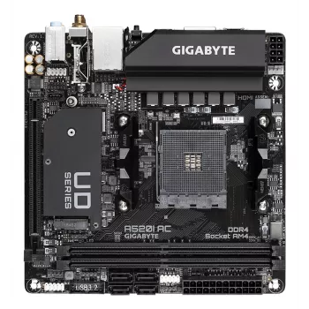 GIGABYTE A520I AC emolevy - tukee AMD Ryzen 5000 Series AM4 CPU:ita, 6 vaihe digitaalinen VRM, jopa 5300MHz DDR4 (OC), 1xPCIe 3.0 M.2, WLAN, GbE LAN, USB 3.2 Gen1