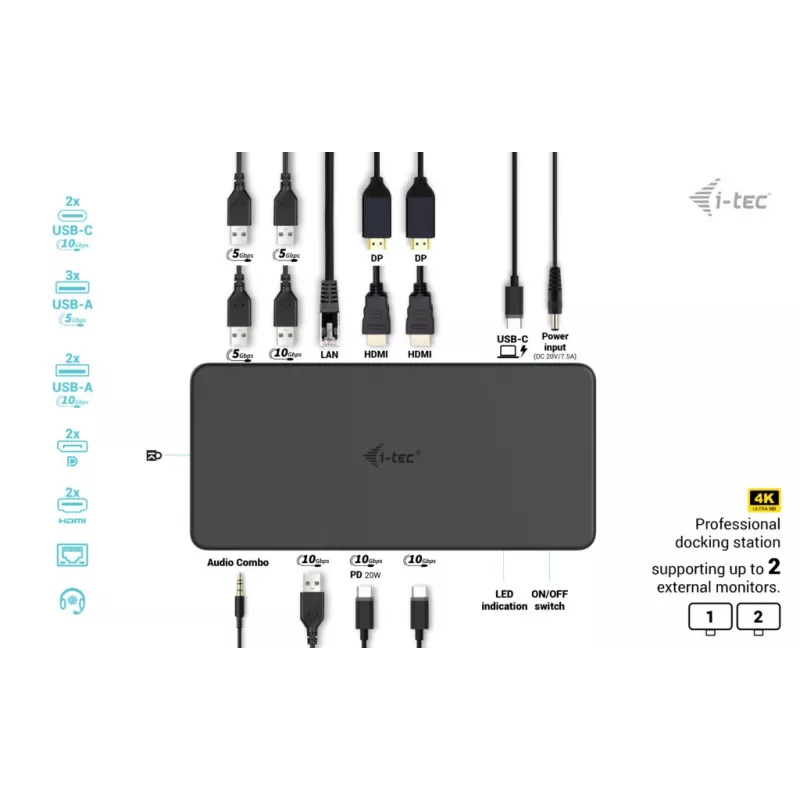 i-tec USB 3.0 / USB-C / Thunderbolt 3 Professional Dual 4K Display telakointiasema Generation 2 + Power Delivery 100W