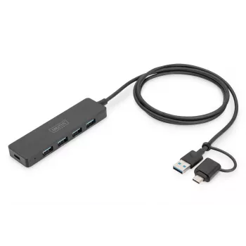 DIGITUS DA-70236 USB 3.0 Slim Line -keskitin, 4 porttia, USB-C-sovitin, 1,2 m kaapeli